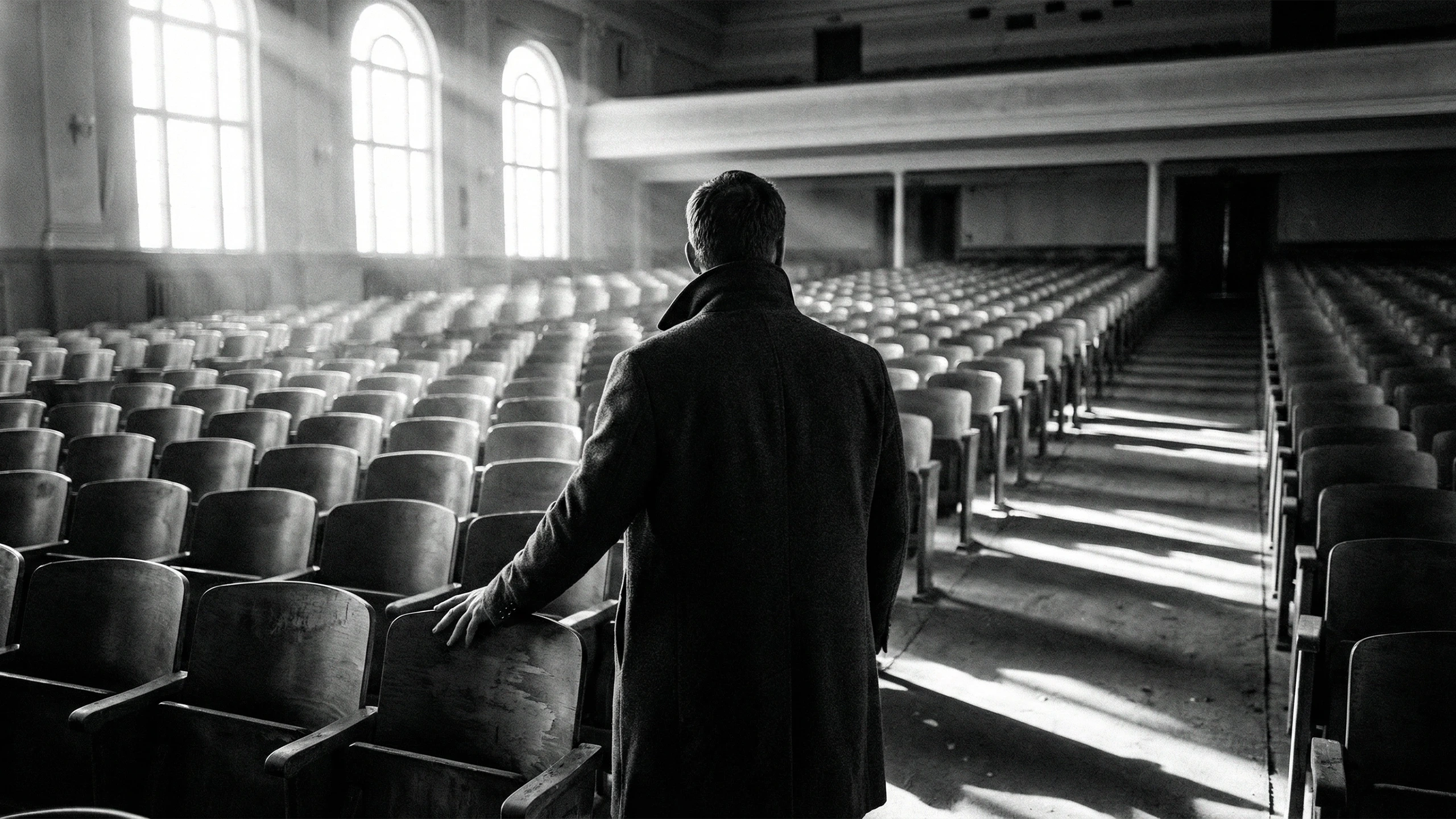 Man standing alone in an empty auditorium facing rows of seats with morning light casting long shadows