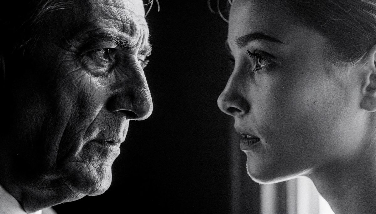 Two people in focused eye contact calibration during conversation