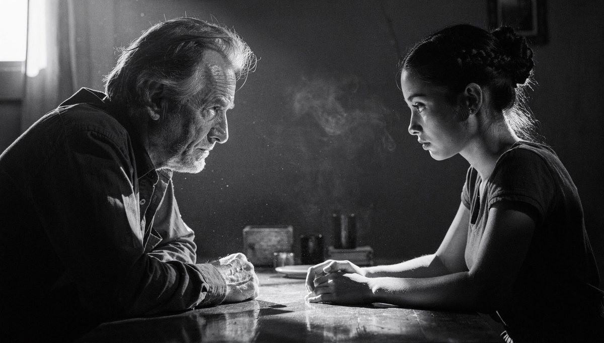 Two people with contrasting direct vs indirect gaze across a table