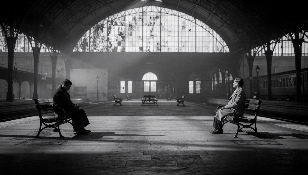 Two figures apart in station, cultural self awareness contrast