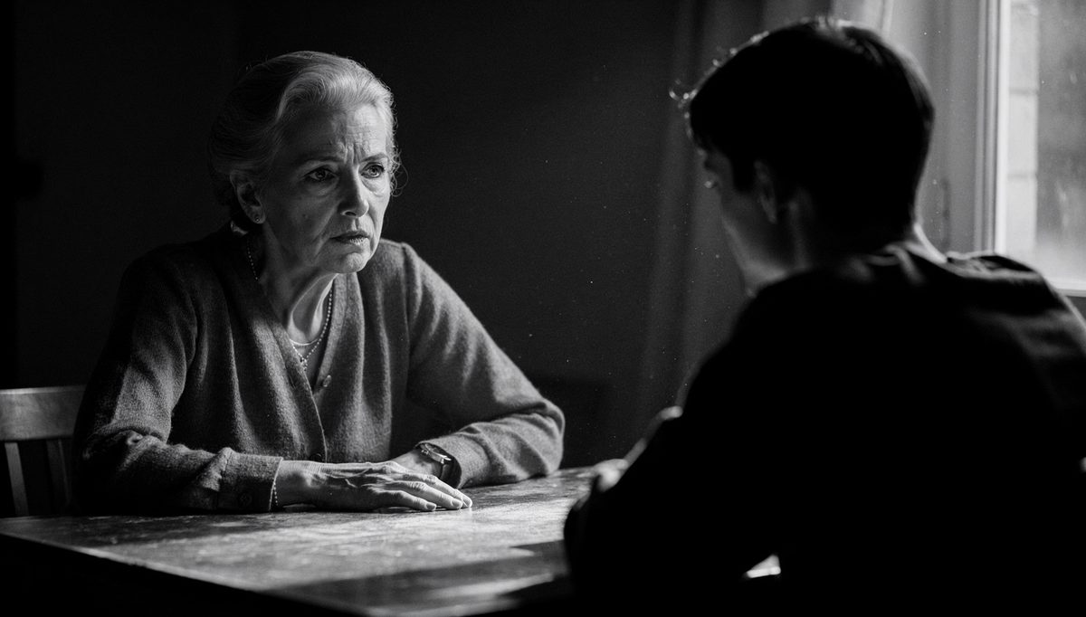 Two people sharing eye contact grief conversation at table