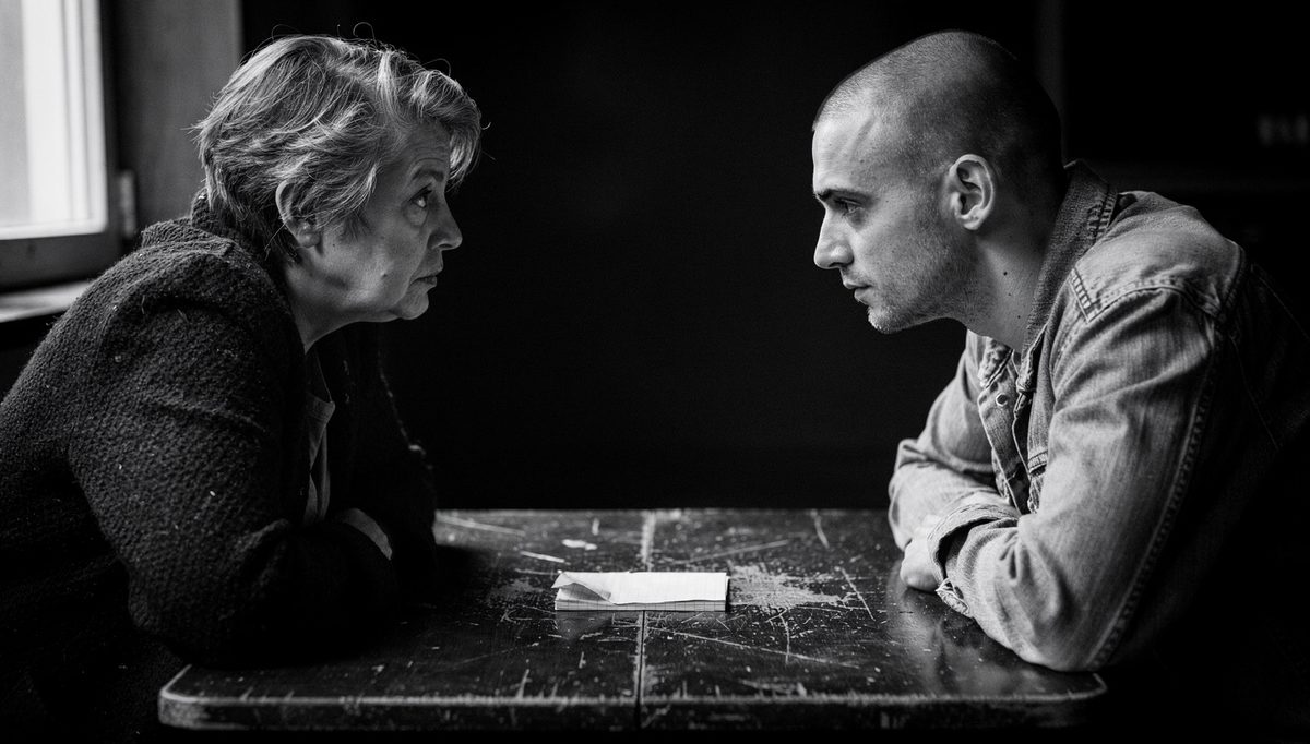Two colleagues in focused feedback frequency conversation across a table