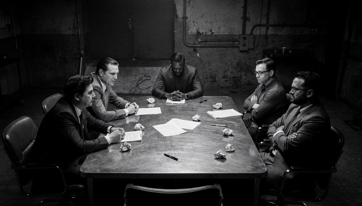 Group showing divided body language signals in workplace meeting