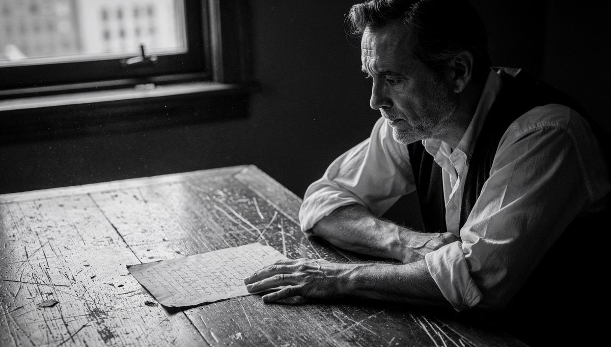 Man reading handwritten page, body language writing awareness