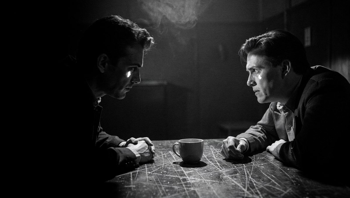 Two people in tense conversation, eye contact shifts mid-discussion