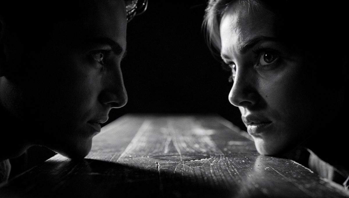 Two people in tense conversation showing eye contact lying signals