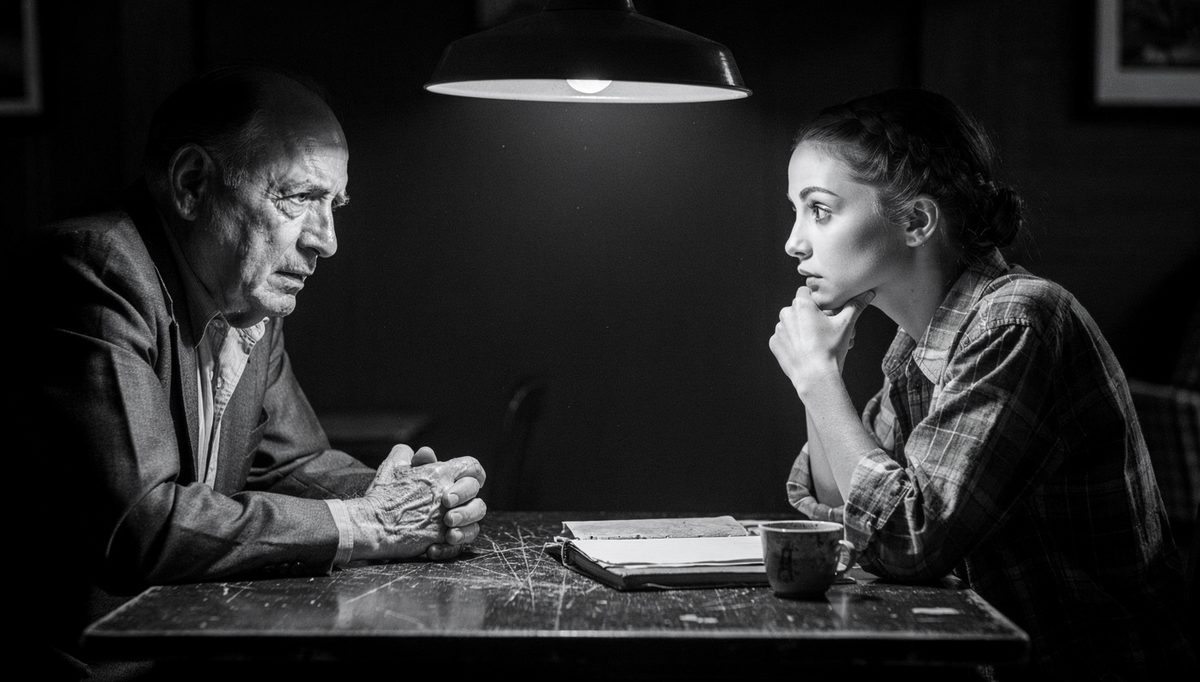 Two people sharing story snippets icebreakers across a table