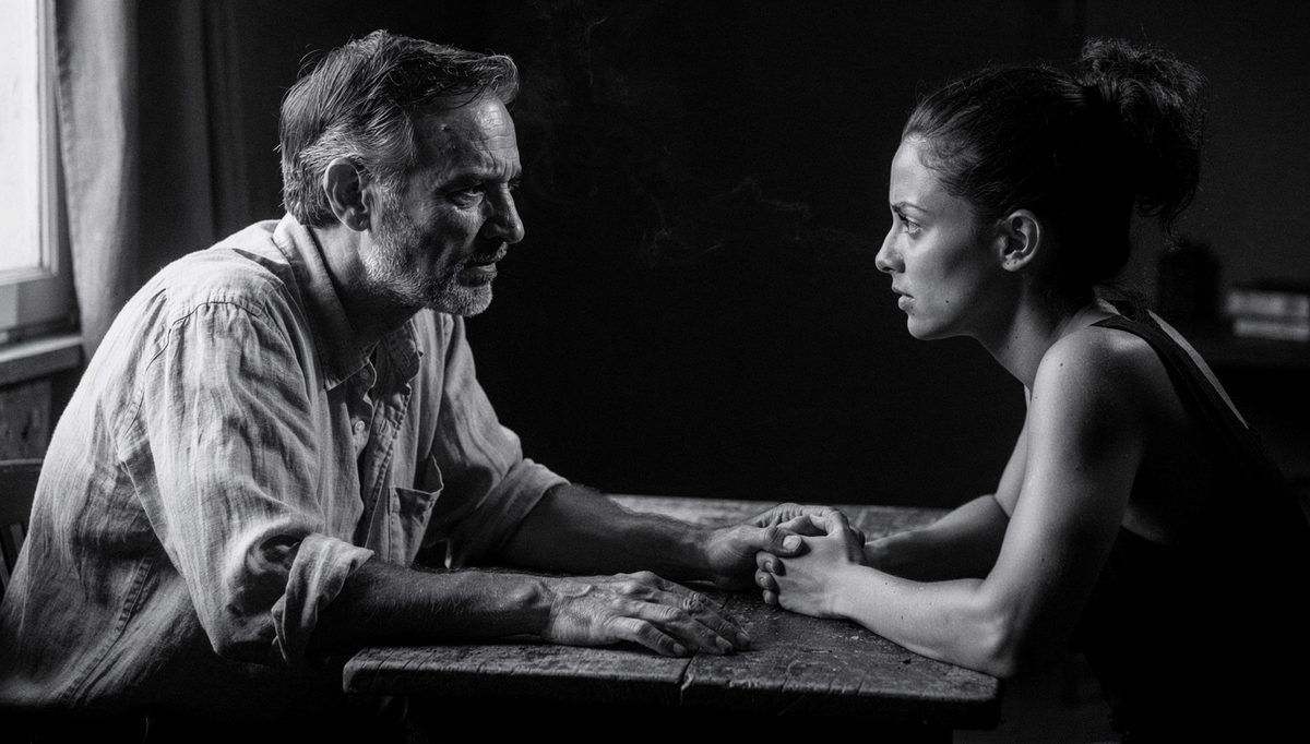 Two people in tense amygdala hijack feedback conversation, high contrast