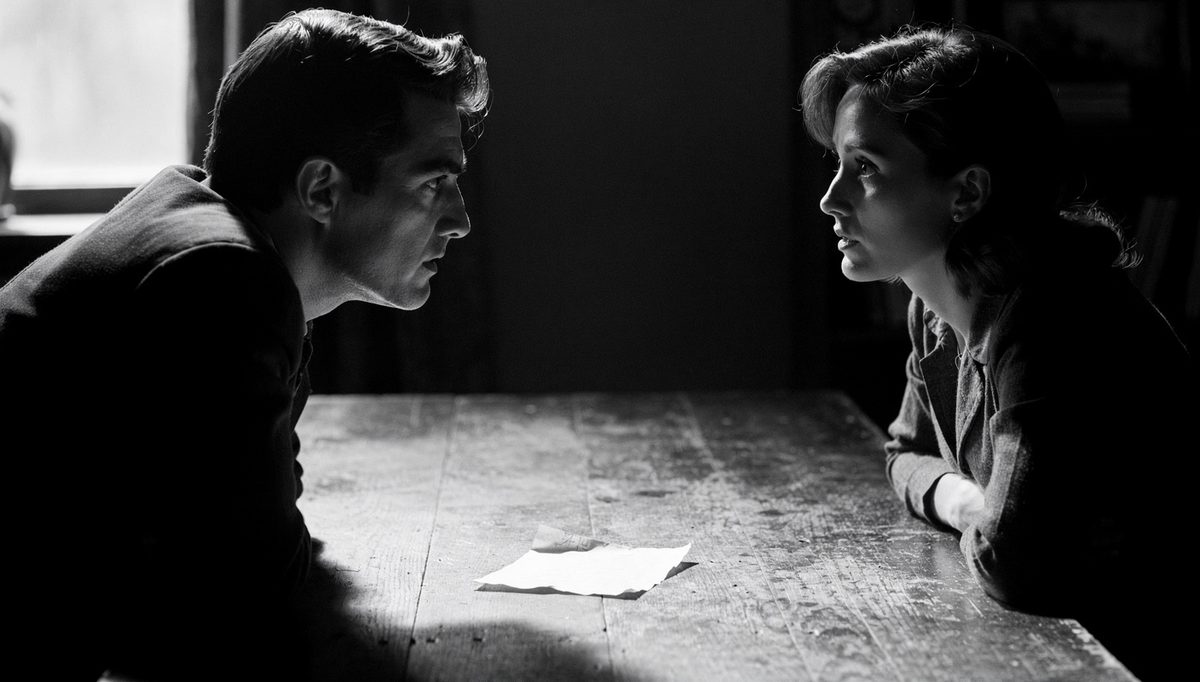Two people holding steady eye contact repair conversation across table