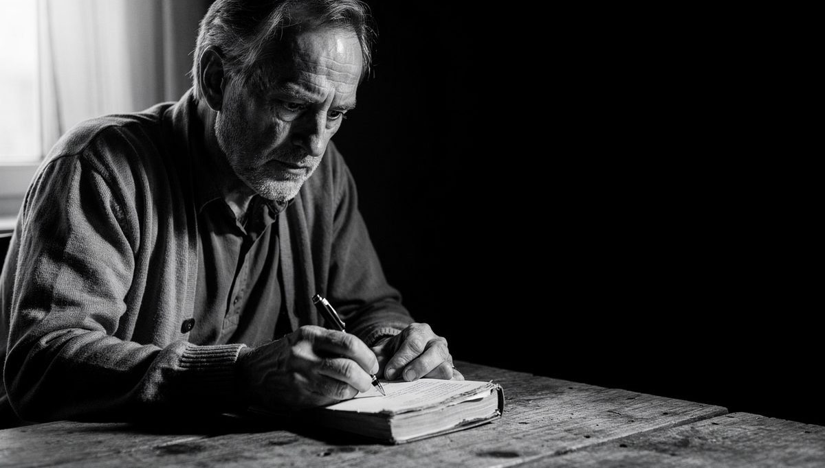 Man reflecting on patient hearing method notes at wooden desk