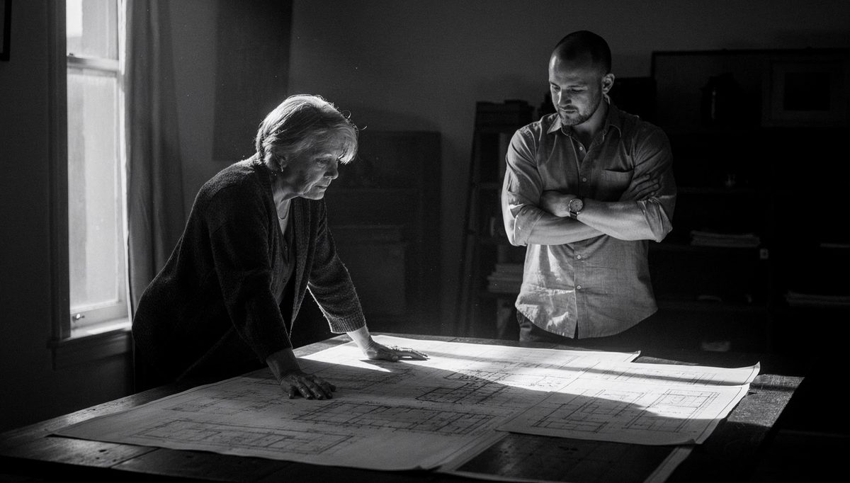 Two colleagues studying plans, building multidisciplinary team synergy