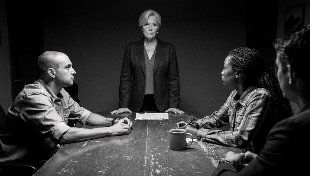 Woman giving feedback to team members in group setting