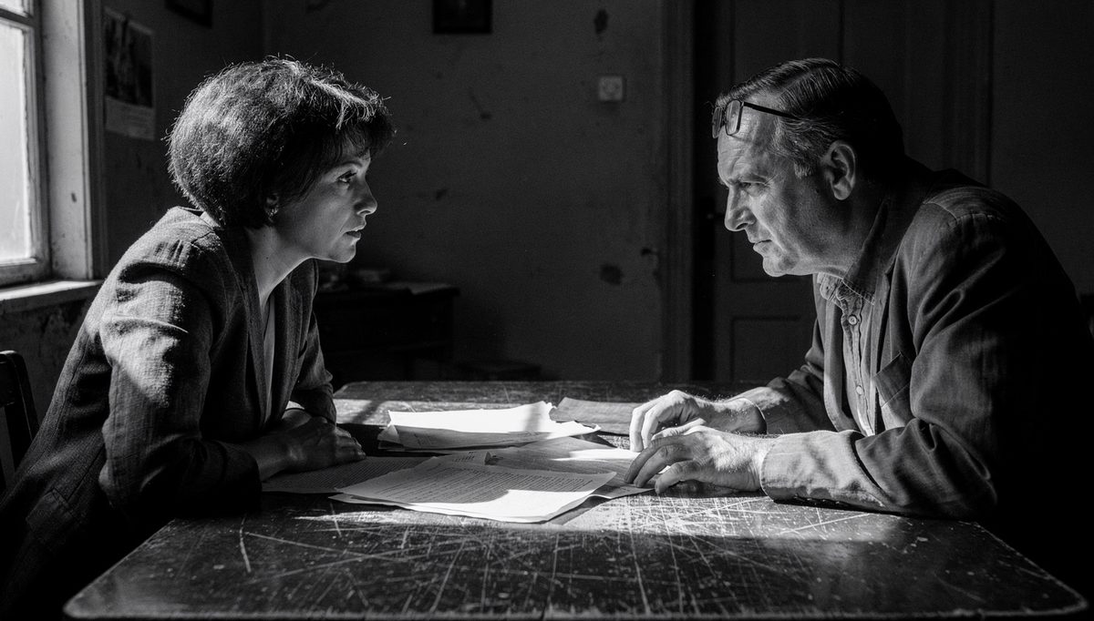 Employee giving upward feedback to manager across a table