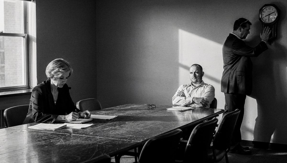 Tense mediator overseeing criminal charge mediation session across table