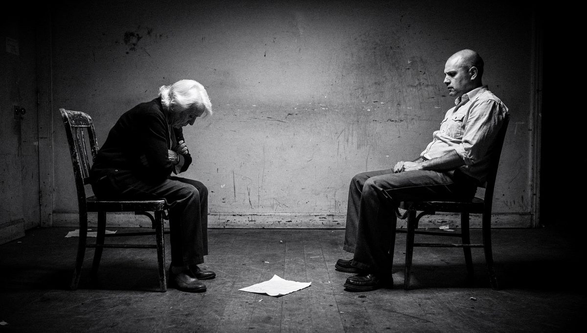 Two exhausted parties sitting apart after mediation emotional aftermath