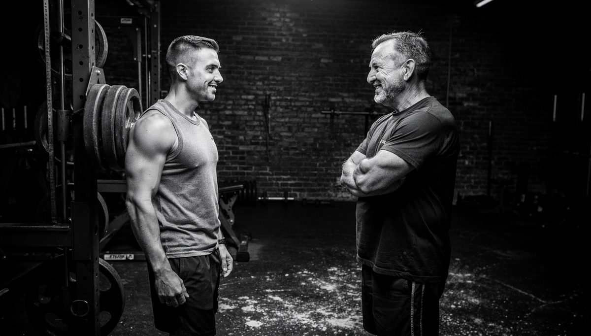 Two men exchanging gym conversation icebreakers near weight rack
