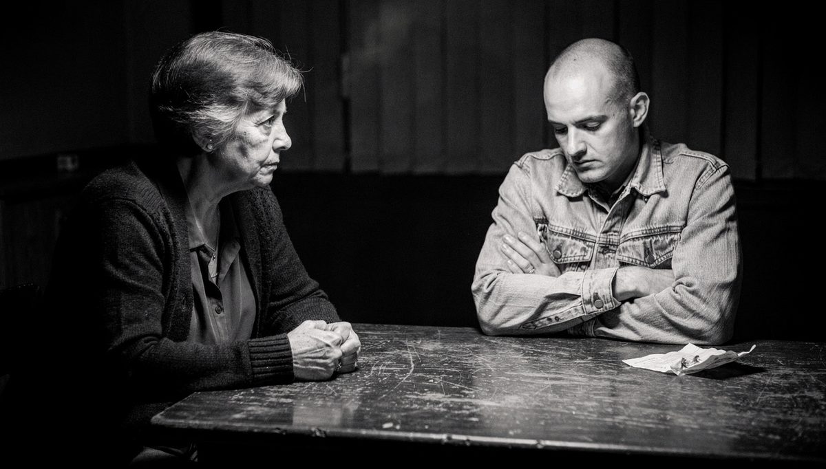 Woman recognizing toxic traits in evasive man across table