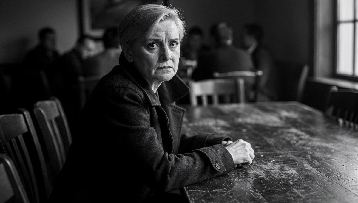 Woman alone at table, minimizing toxic traits in a group setting