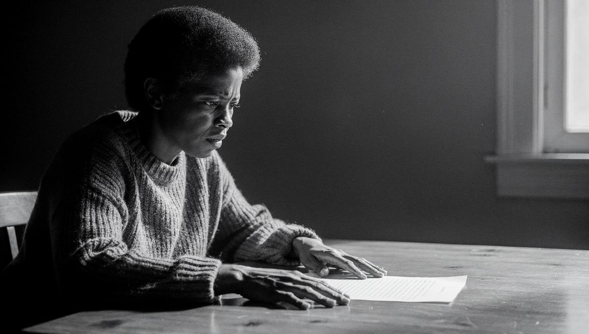 Woman studying paper alone, recognising subtle toxic traits