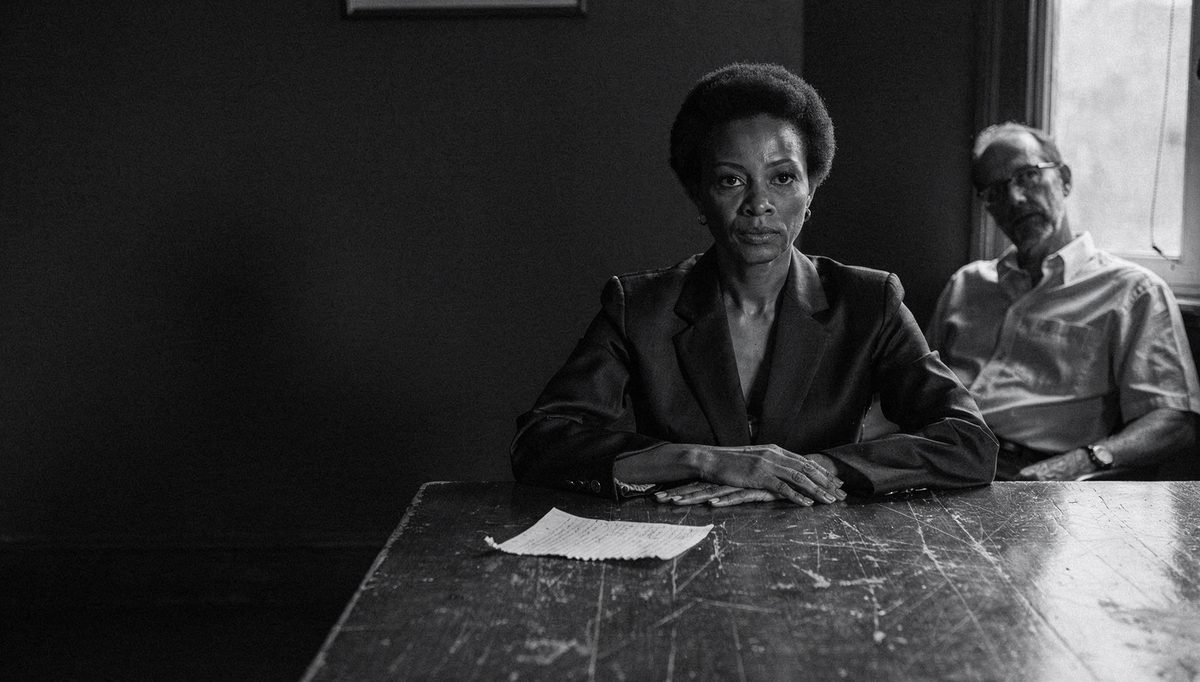 Woman using physical expression negotiation at bare table