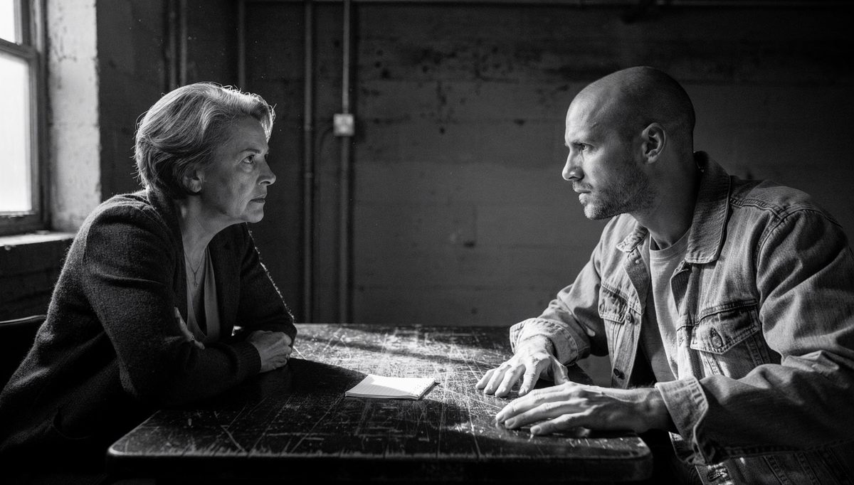 Two colleagues in focused team synergy conversation at wooden table