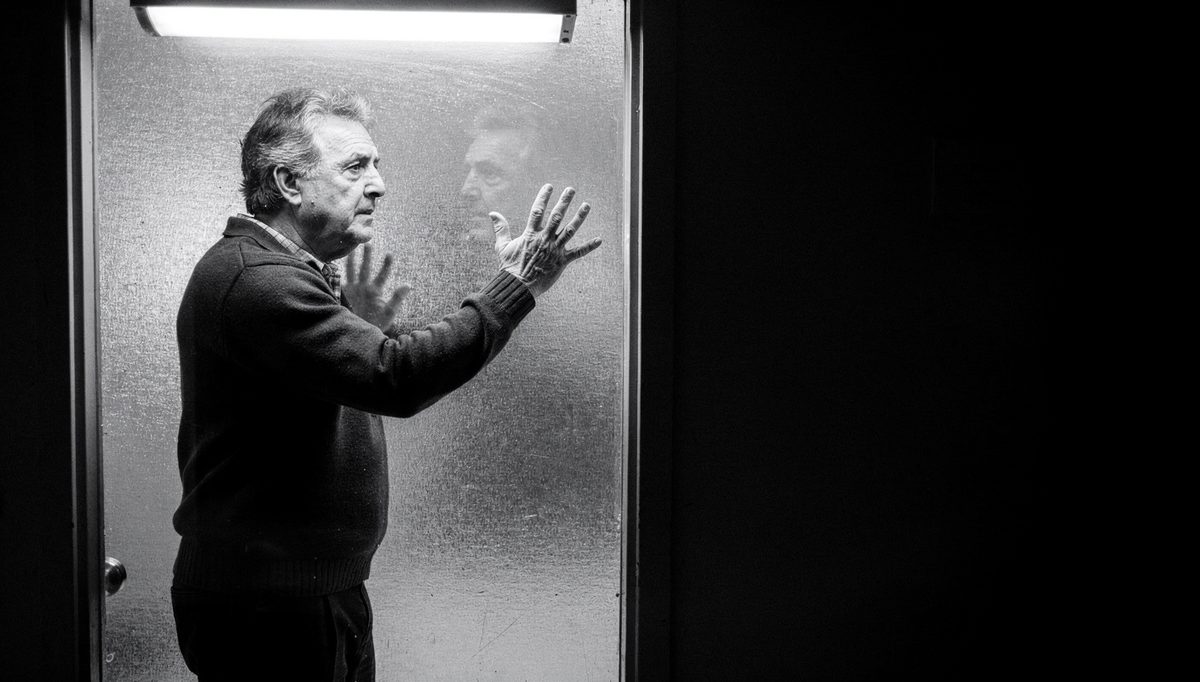 Man preparing body language before a difficult conversation at door