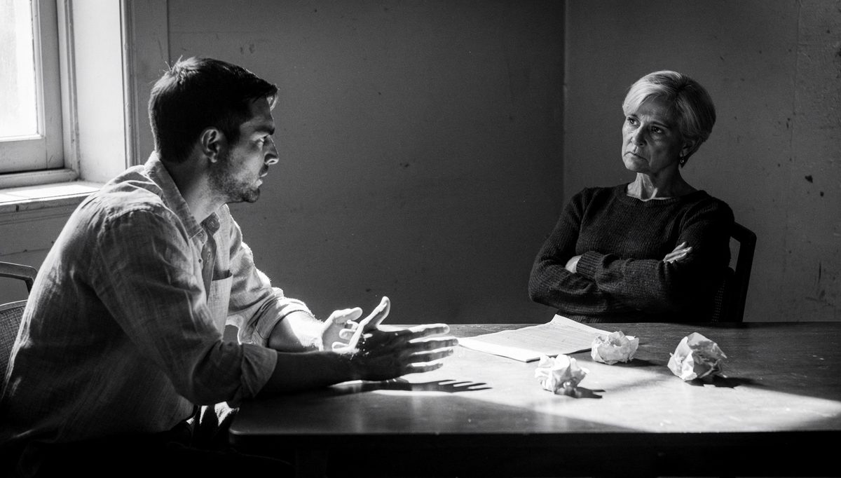 Two people in tense empathy bridge technique conversation, dramatic light