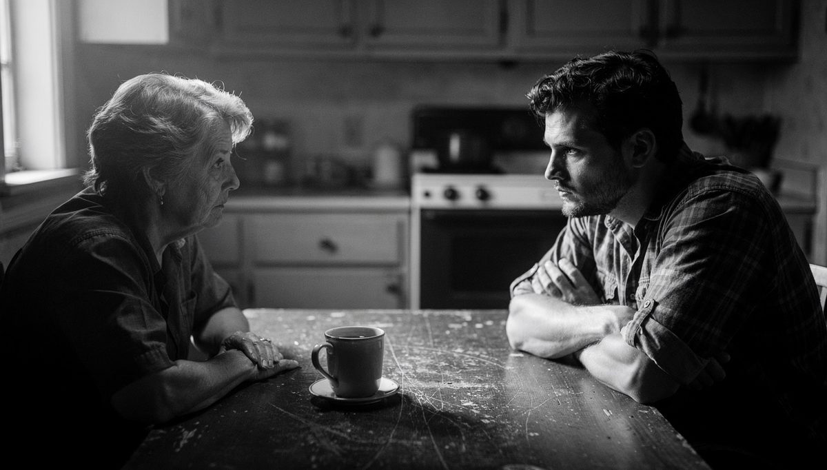 Older woman and younger man facing toxic trait cycle at table