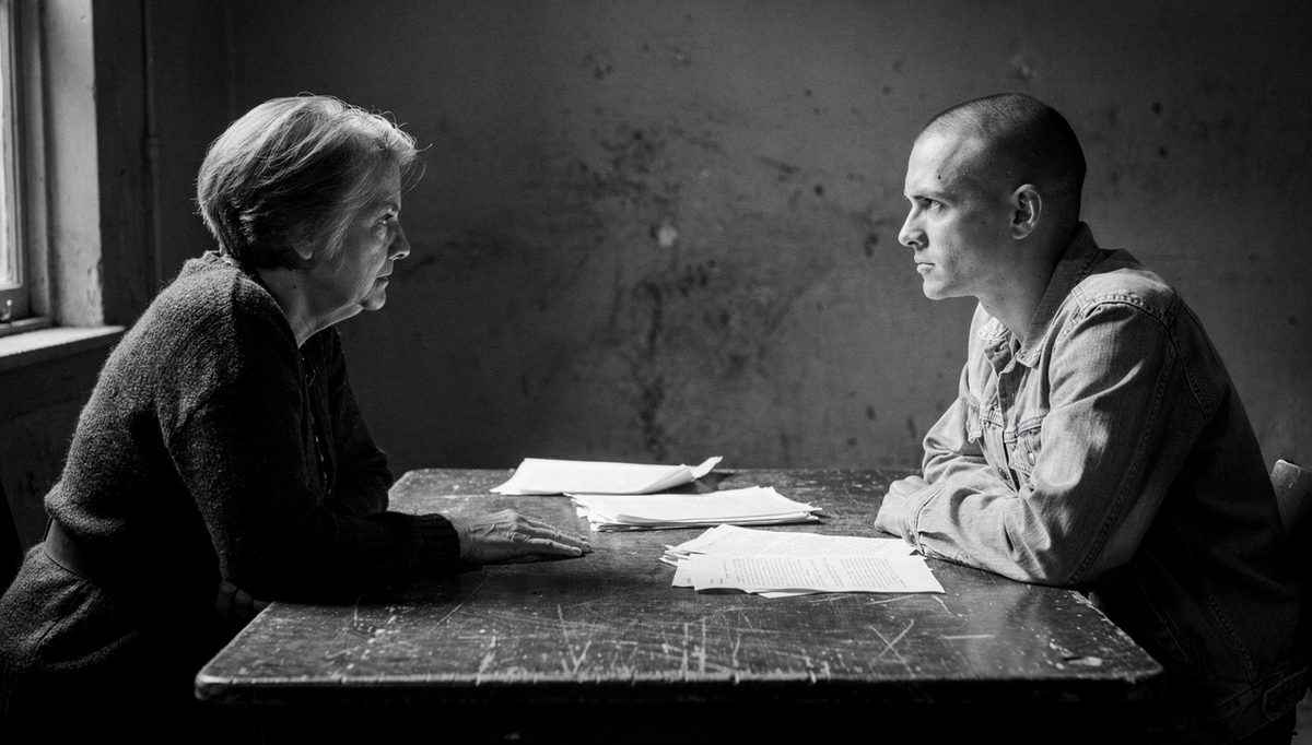 Two colleagues in tense S.B.I. method feedback conversation, black and white