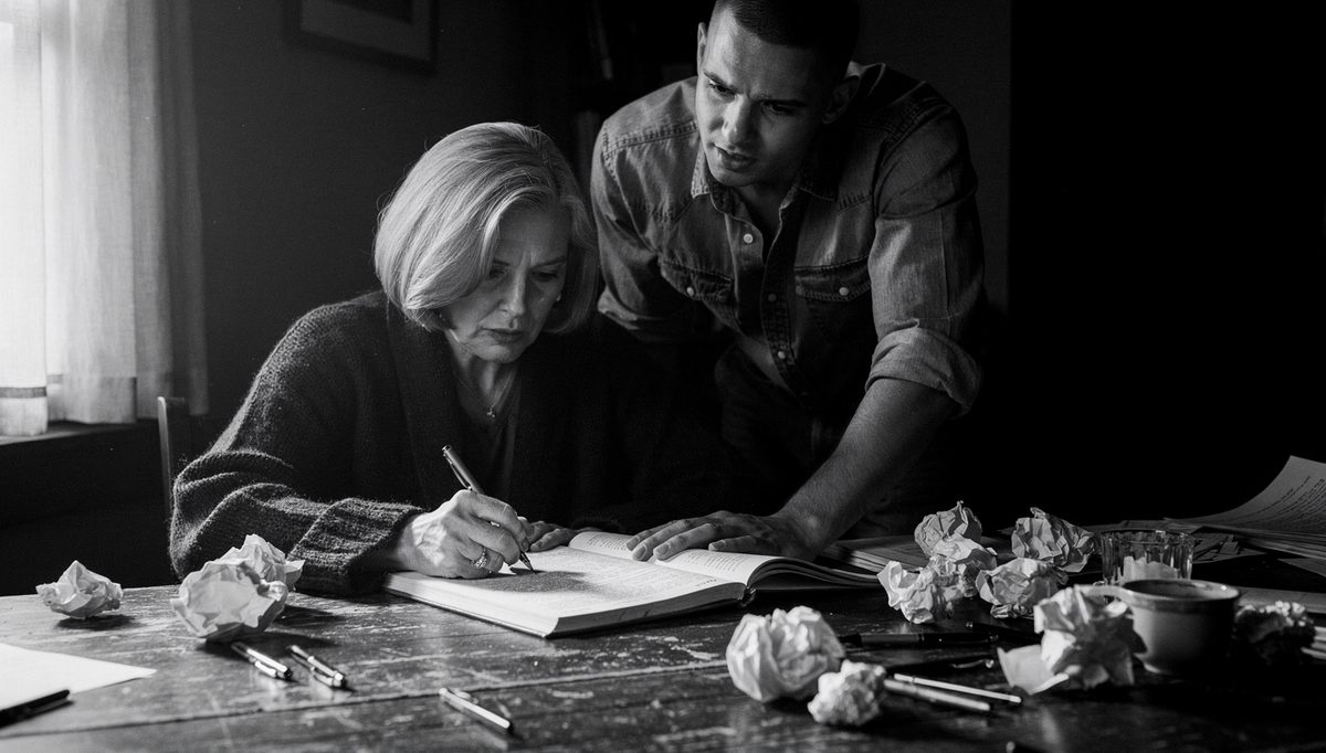 Woman writing feedback comments at desk with colleague watching