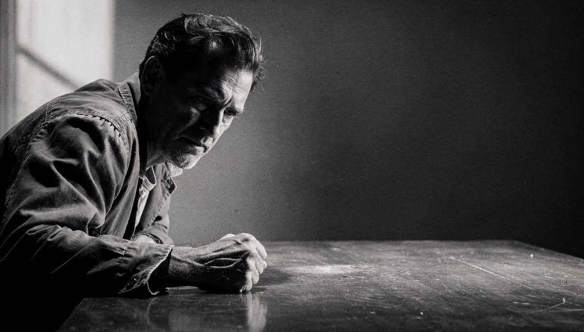 Man alone at table, unprocessed anger self-perception in shadow