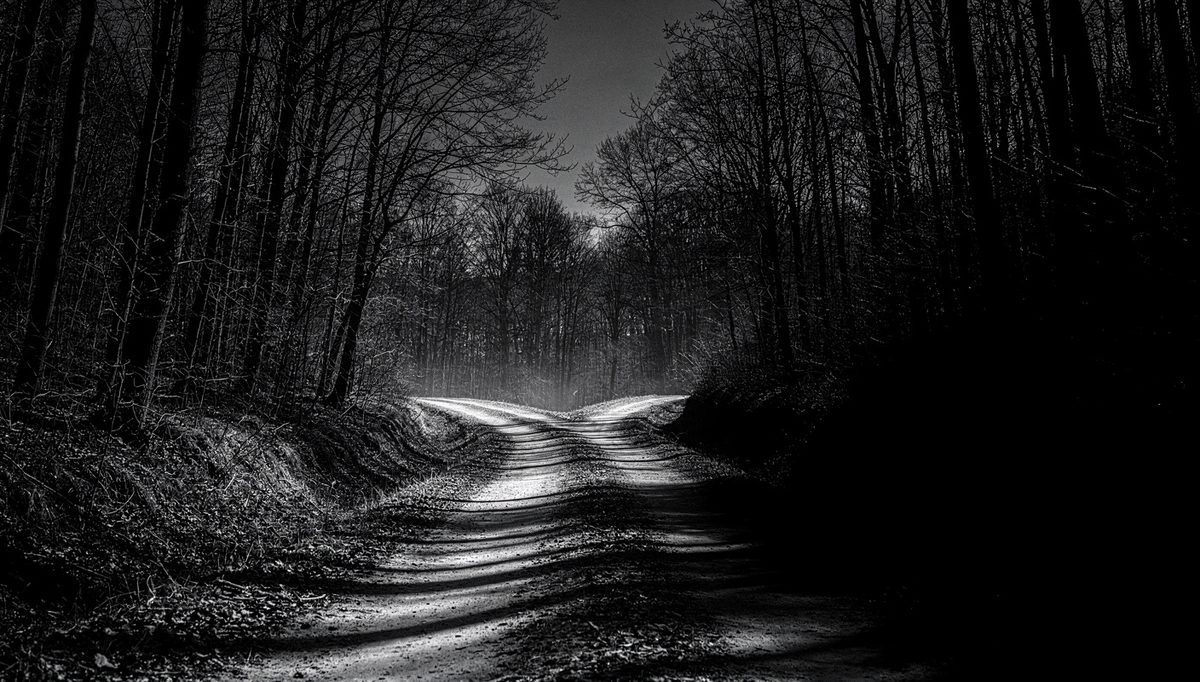 Forking forest path representing hybrid team synergy versus remote synergy