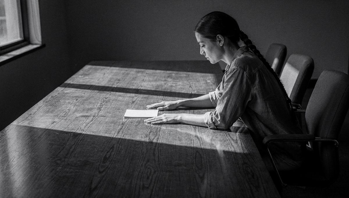 Woman alone at conference table, icebreaker social anxiety moment