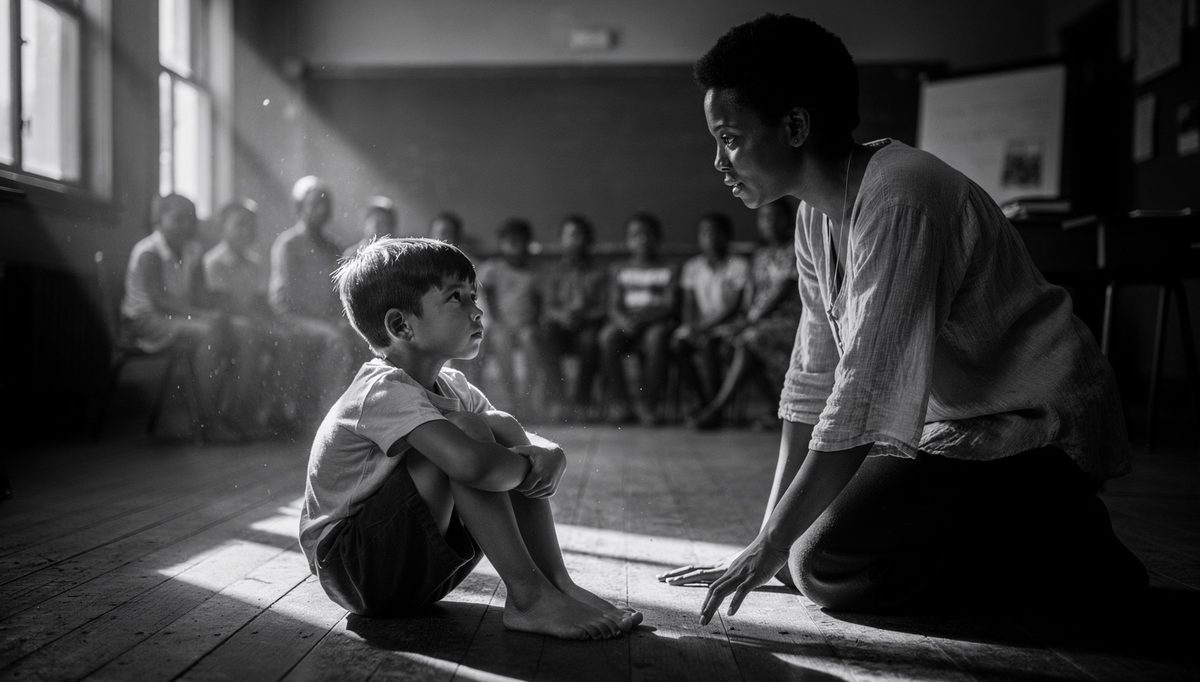 Shy child watching classroom group during icebreakers for children