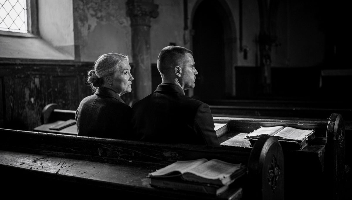 Two mourners connecting through funeral icebreakers at somber gathering