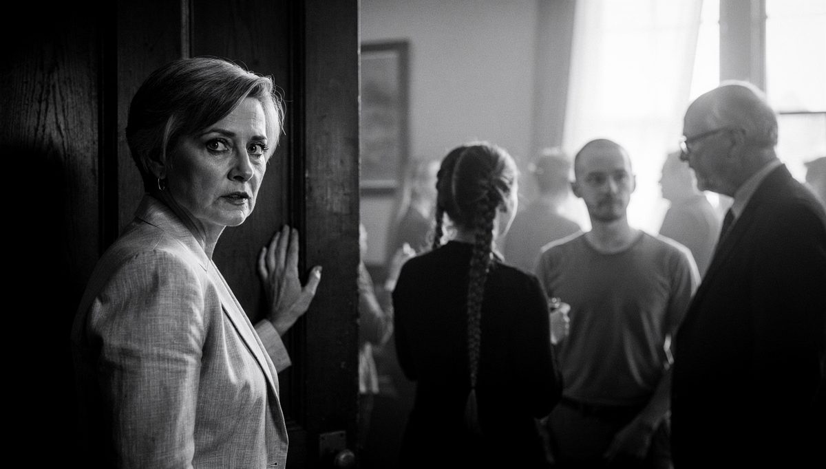 Woman at room threshold practising social circle icebreakers confidently