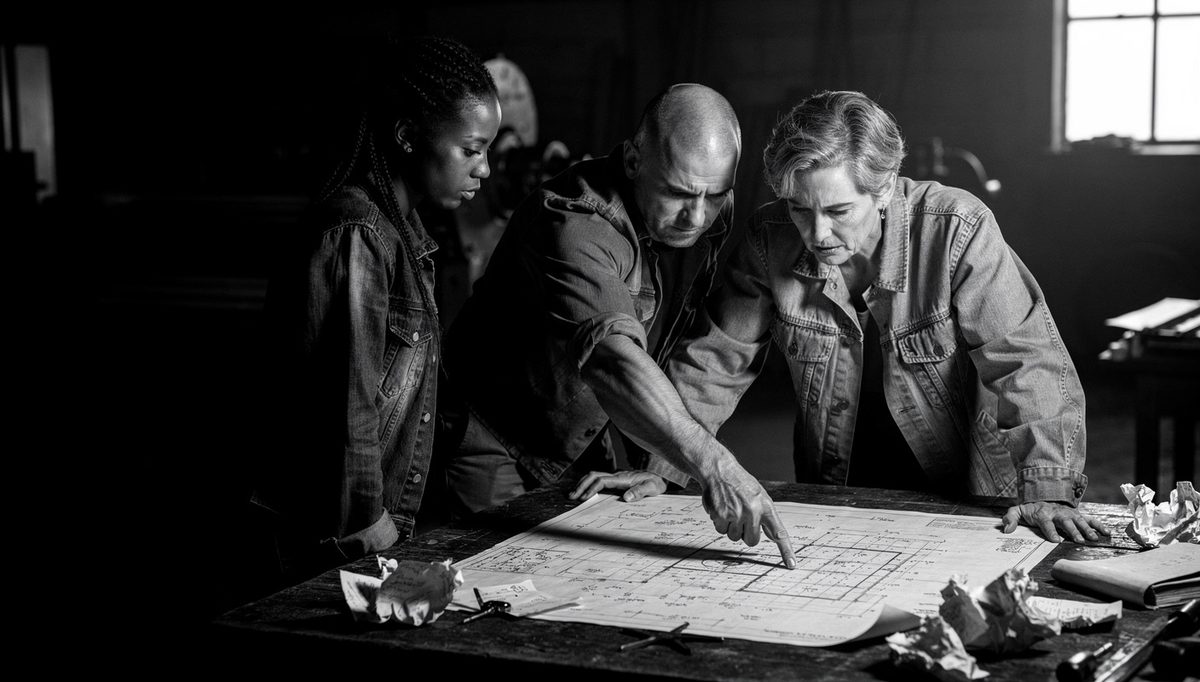 Three workers measuring team synergy productivity around blueprint table