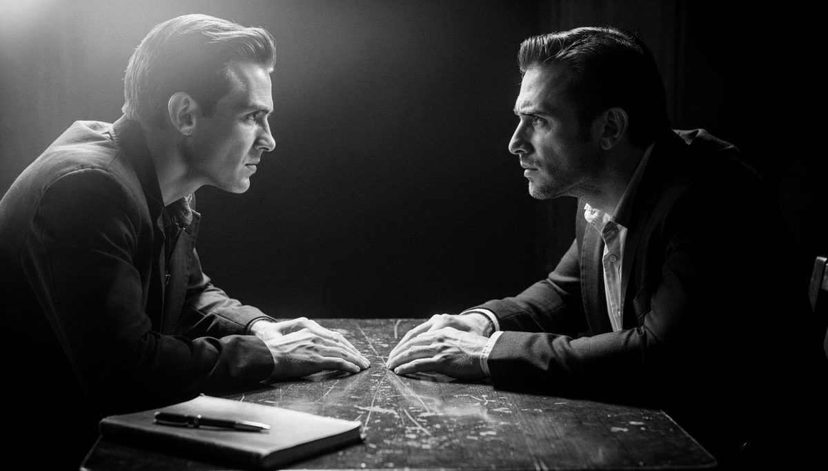Two people mirroring body language across a table
