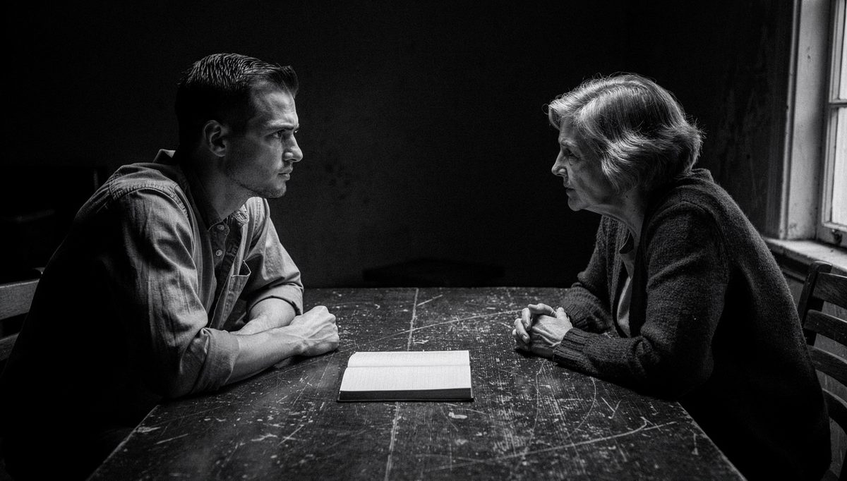 Two colleagues in focused one-on-one feedback conversation, cinematic lighting