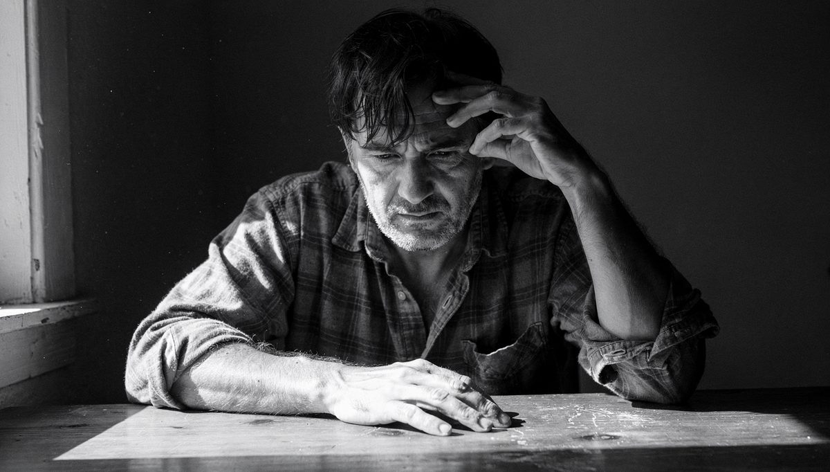 Exhausted man practising patient hearing at a bare table