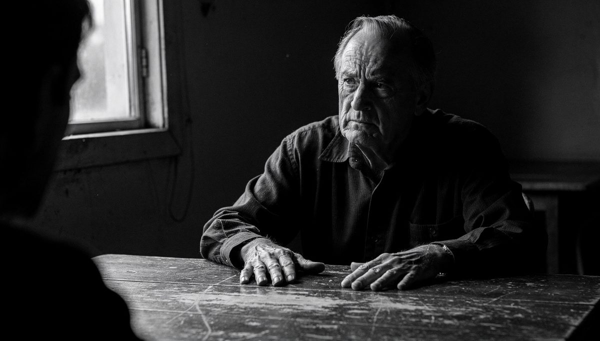 Man practicing patient hearing listening with difficult person across table