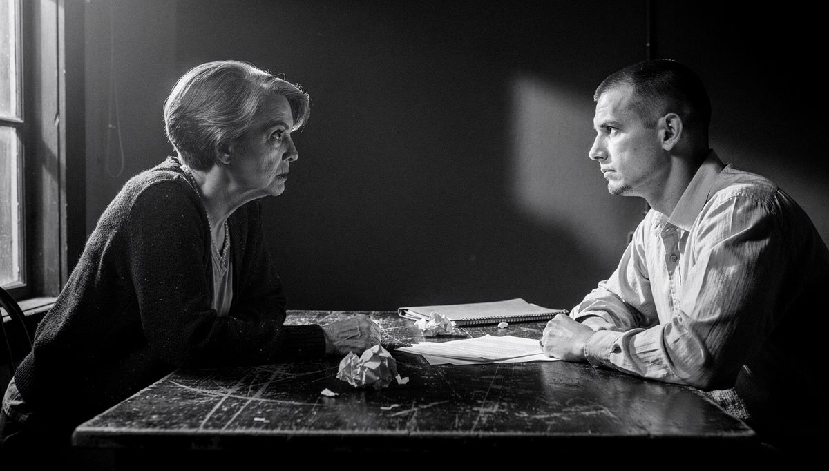 Two colleagues in tense workplace feedback conversation, cinematic lighting