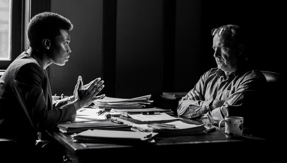 Employee delivering upward feedback scripts to manager across desk