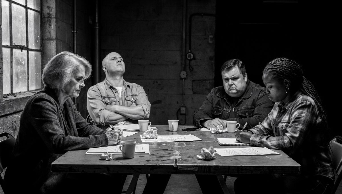 Four colleagues in tense silence showing conflict avoidance synergy loss