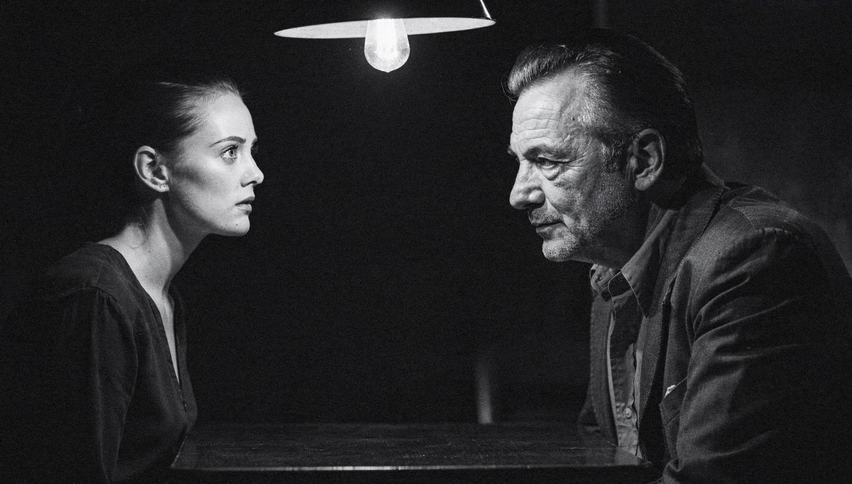 Two people at a table, eye contact perception obscured by harsh shadow lighting