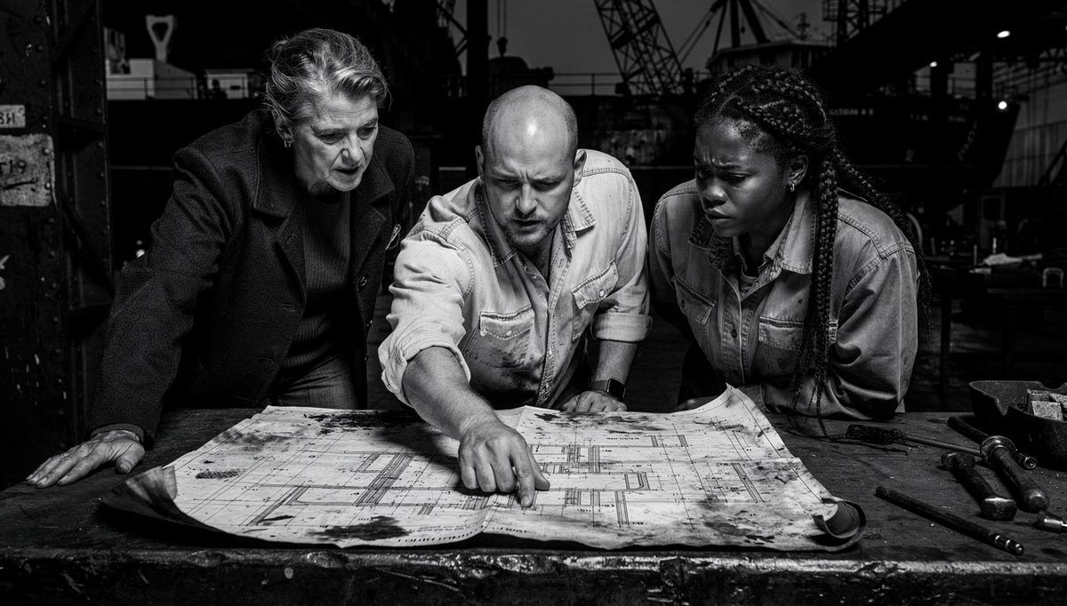Three workers reviewing plans, illustrating team synergy benefits