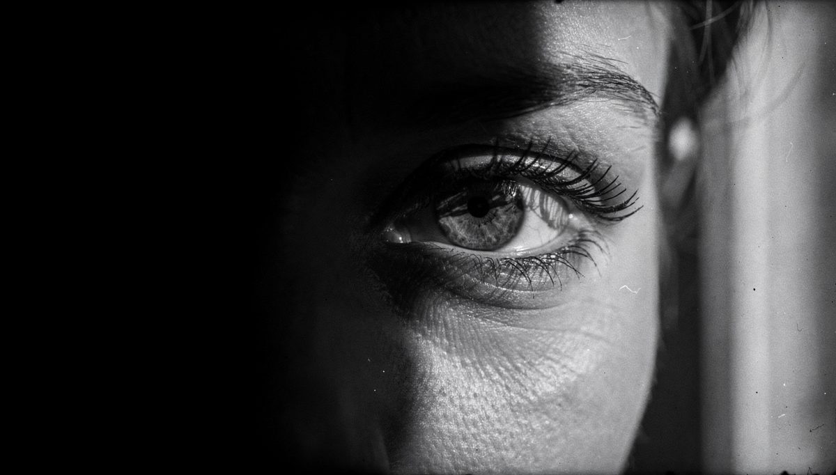 Close-up of a woman's focused eye contact gaze, cinematic