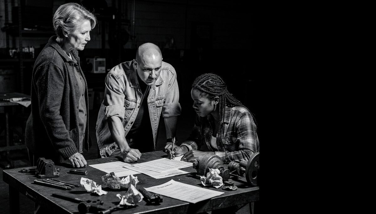 Three workers debating intensely, illustrating team synergy psychology