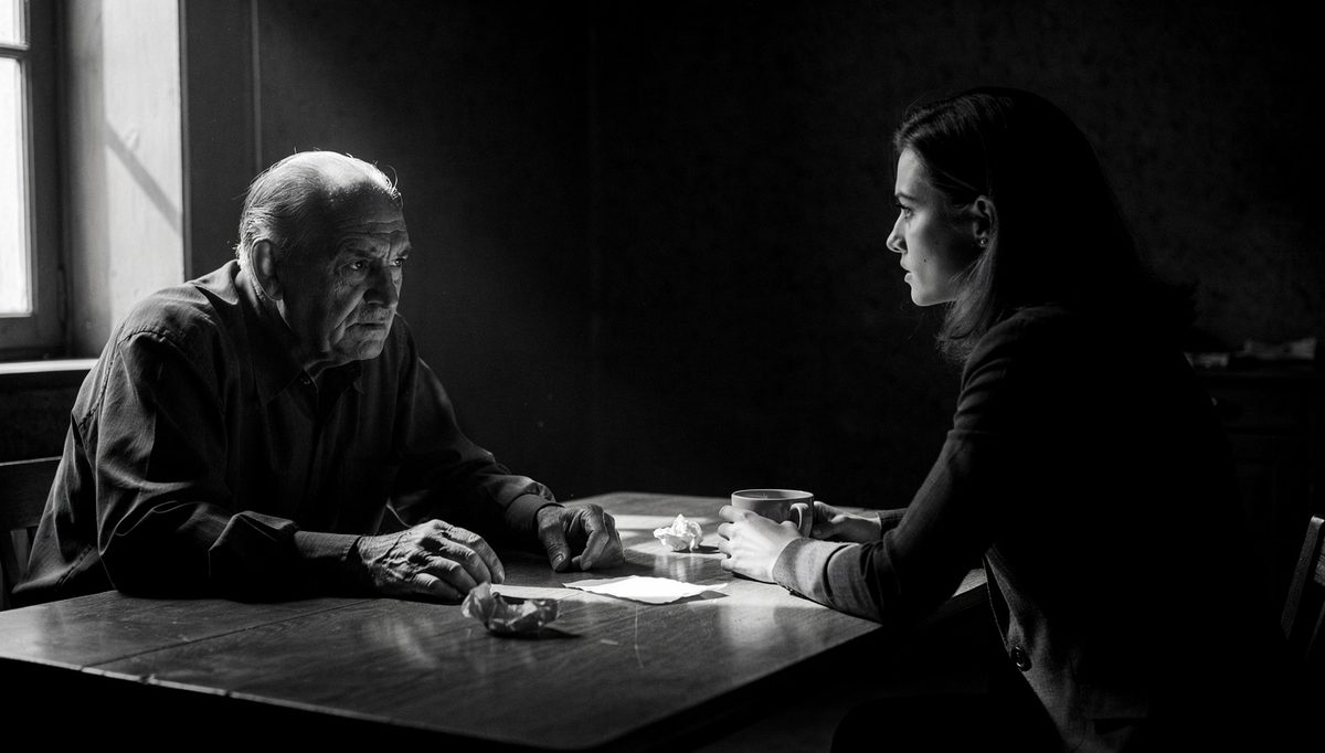 Two people in tense patient hearing silence, dramatic lighting