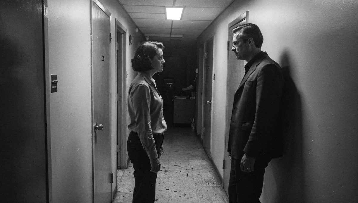 Two colleagues in corridor showing contrasting body language cues